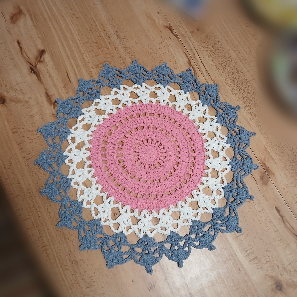 Crochet Doily in Pink, White, and Blue